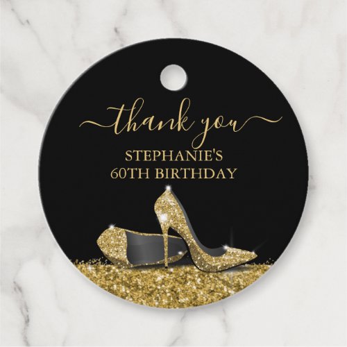 High Heel Shoe Thank You Gold Black Birthday Favor Tags
