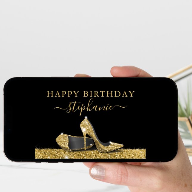 High Heel Shoes Black Gold Happy Birthday Card (Front Digital)