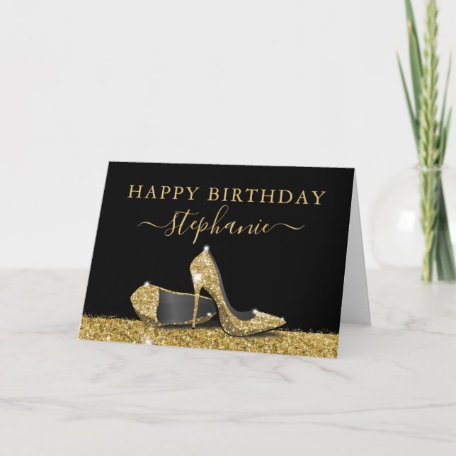 High Heel Shoes Black Gold Happy Birthday Card (Front)