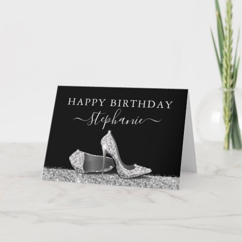 High Heel Shoes Black Silver Happy Birthday