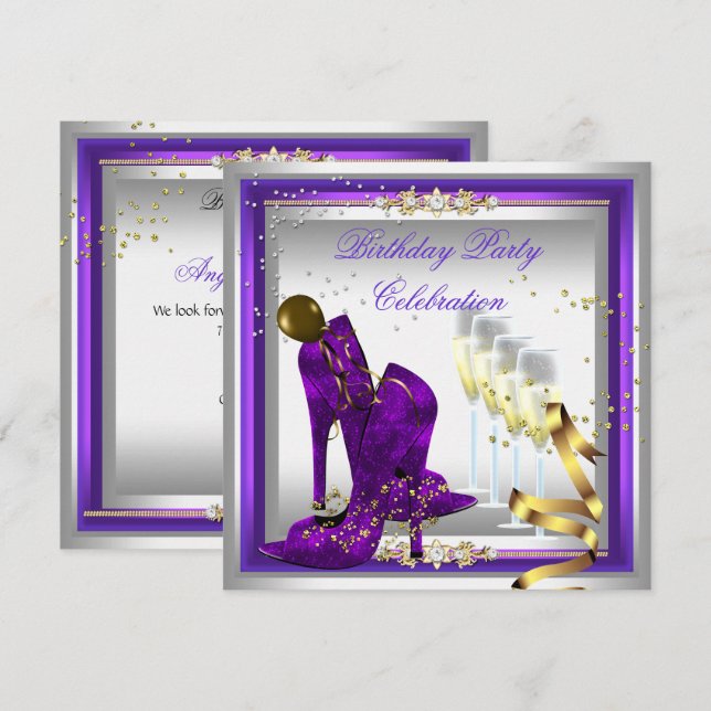 High Heel Shoes Champagne Gold Silver Purple Invitation (Front/Back)