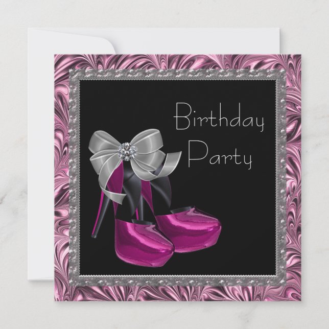 High Heel Shoes Hot Pink Black Birthday Party Invitation (Front)
