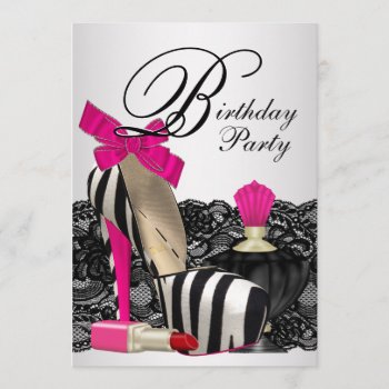 High Heel Shoes Hot Pink Zebra Party Invitation by Champagne_N_Caviar at Zazzle