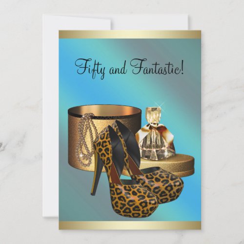 High Heel Shoes Leopard Gold Womans 50th Birthday Invitation