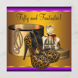 High Heel Shoes Leopard Gold Womans 50th Birthday Invitation