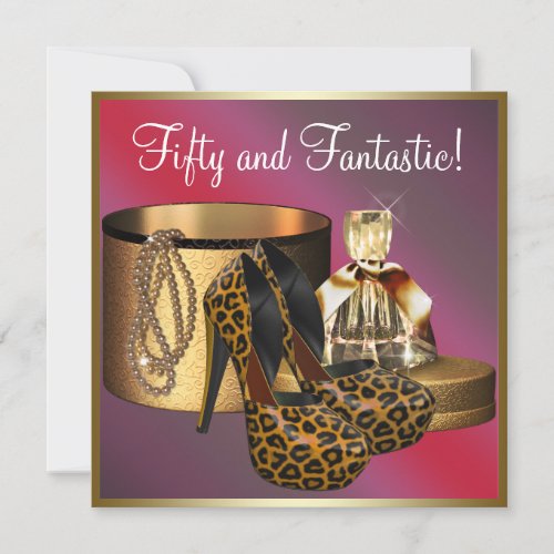 High Heel Shoes Leopard Gold Womans 50th Birthday Invitation