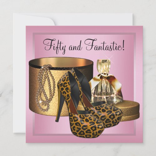 High Heel Shoes Leopard Gold Womans 50th Birthday Invitation