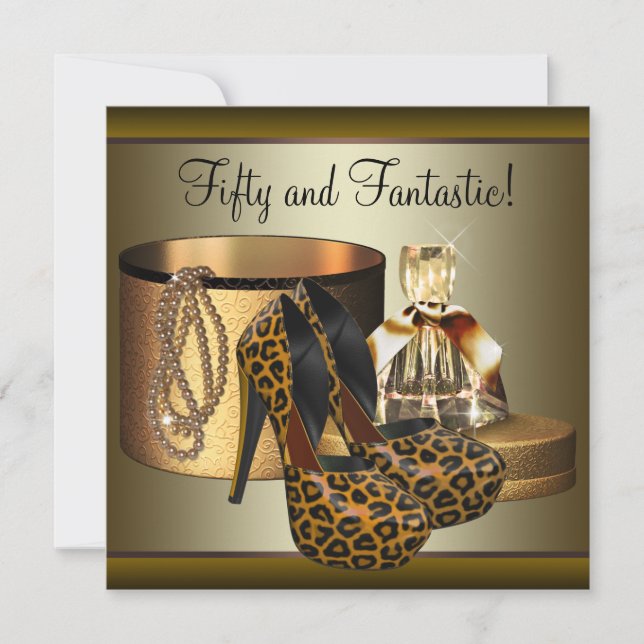 High Heel Shoes Leopard Gold Womans 50th Birthday Invitation (Front)