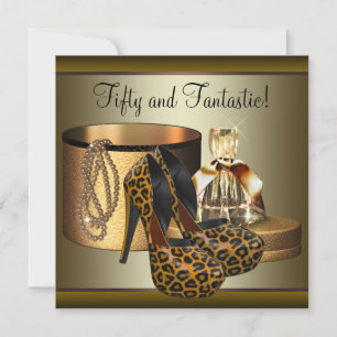 High Heel Shoes Leopard Gold Womans 50th Birthday Invitation