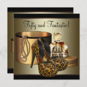 High Heel Shoes Leopard Gold Womans 50th Birthday Invitation (Front/Back)