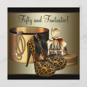 High Heel Shoes Leopard Gold Womans 50th Birthday Invitation