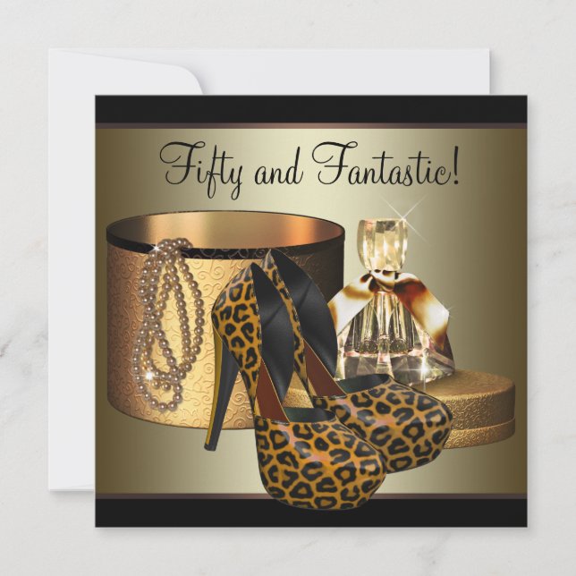 High Heel Shoes Leopard Gold Womans 50th Birthday Invitation (Front)