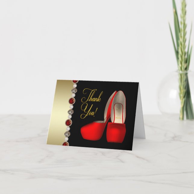 High Heel Shoes Pearls Black Red Gold Thank You Card (Front)