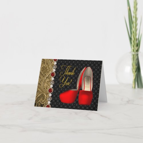 High Heel Shoes Pearls Black Ruby Red Gold Thank Y Thank You Card