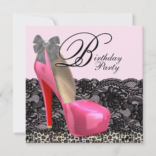 High Heel Shoes Pink Leopard Birthday Party Invites