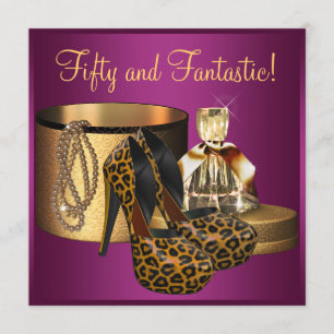 High Heel Shoes Pink Leopard Womans 50th Birthday Invitation