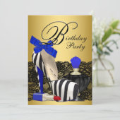 High Heel Shoes Royal Blue and Gold Birthday Party Invitation (Standing Front)