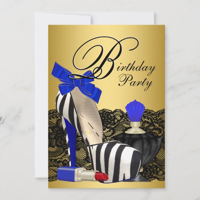 High Heel Shoes Royal Blue and Gold Birthday Party Invitation (Front)