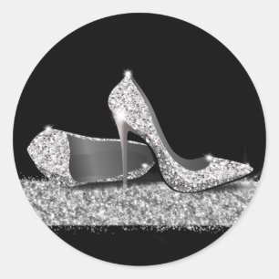 High Heel Shoes Silver Glitter Favor Classic Round Sticker