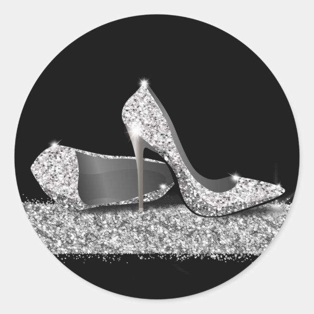 High Heel Shoes Silver Glitter Favor Classic Round Sticker (Front)