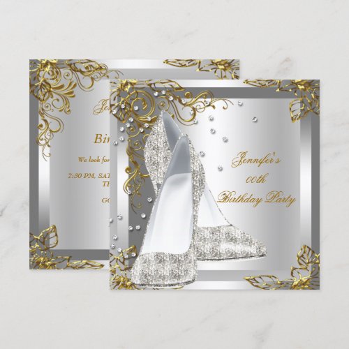 High Heel Shoes Silver Gold Birthday Party Custom Invitation