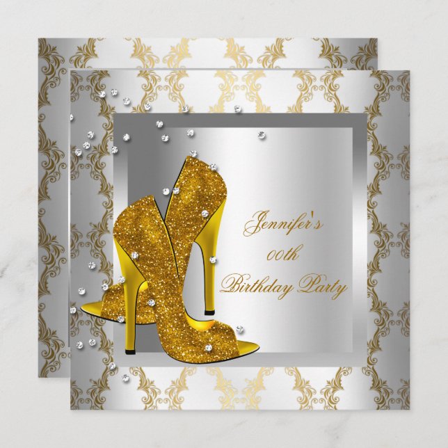 High Heel Shoes Silver Gold Birthday Party Invitation (Front/Back)