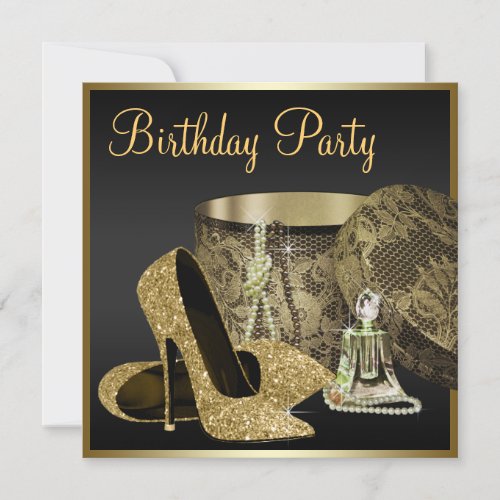 High Heel Shoes Womans Black and Gold Birthday Invitation