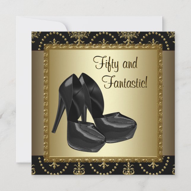 High Heel Shoes Womans Black Gold 50th Birthday Invitation (Front)