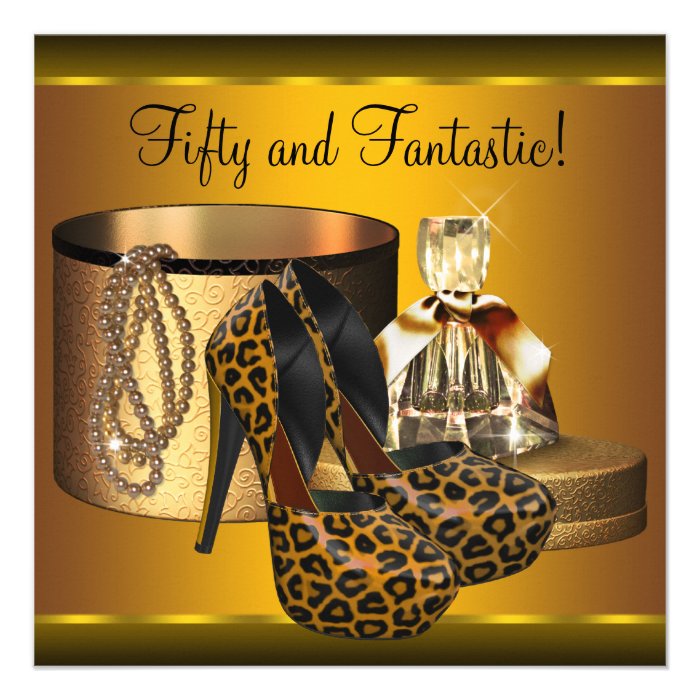 High Heel Shoes Womans Gold Leopard 50th Birthday Personalized Announcement