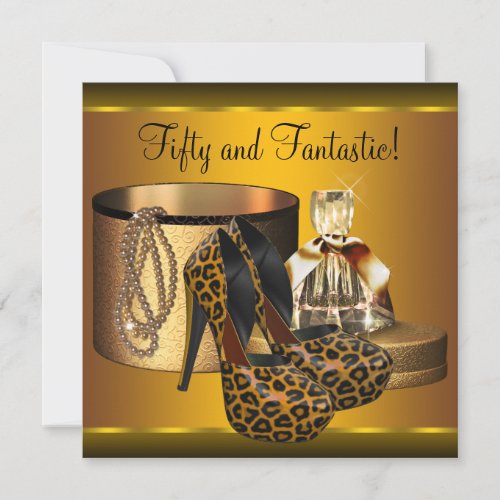 High Heel Shoes Womans Gold Leopard 50th Birthday Invitation