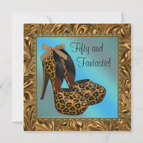 High Heel Shoes Womans Leopard Gold 50th Birthday Invitation