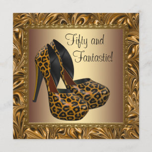 High Heel Shoes Womans Leopard Gold 50th Birthday Invitation