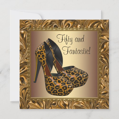 High Heel Shoes Womans Leopard Gold 50th Birthday Invitation