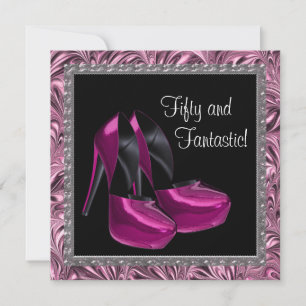 High Heel Shoes Womans Pink Black 50th Birthday Invitation