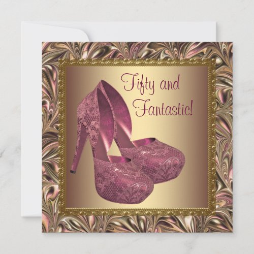 High Heel Shoes Womans Pink Gold 50th Birthday Invitation