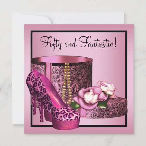 High Heel Shoes Womans Pink Leopard 50th Birthday Custom Invite