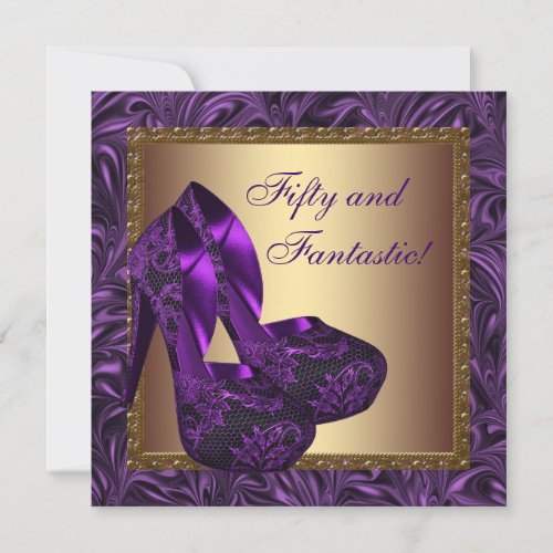 High Heel Shoes Womans Purple 50th Birthday Party Custom Invite