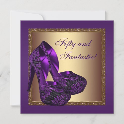 High Heel Shoes Womans Purple 50th Birthday Party Announcement