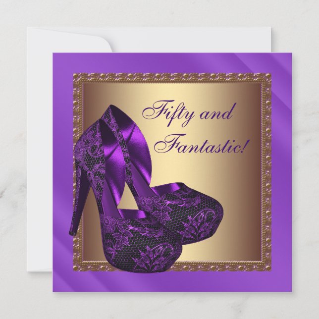 High Heel Shoes Womans Purple Gold Birthday Party Invitation (Front)