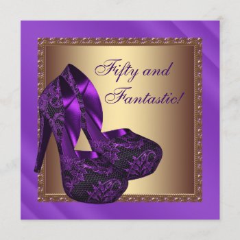 High Heel Shoes Womans Purple Gold Birthday Party Invitation by Champagne_N_Caviar at Zazzle