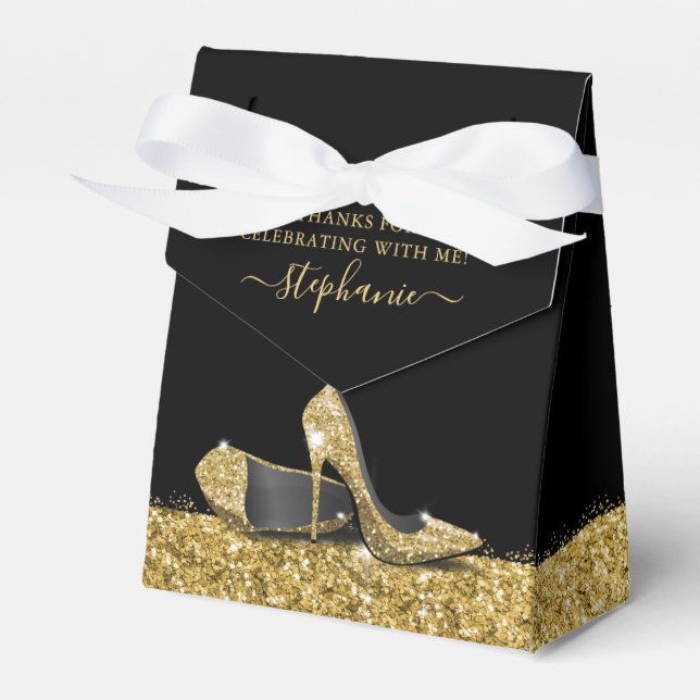 High Heel Stiletto Shoe Black Gold Birthday Favor Boxes (Front Side)