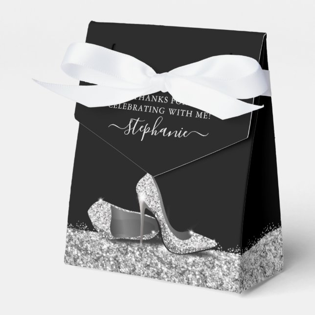 High Heel Stiletto Shoe Black Silver Birthday Favor Boxes (Front Side)