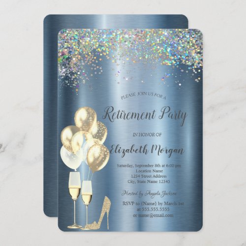 High HeelsColorful Confetti Blue Retirement  Invitation