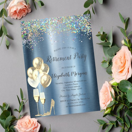 High HeelsColorful Confetti Blue Retirement  Invitation