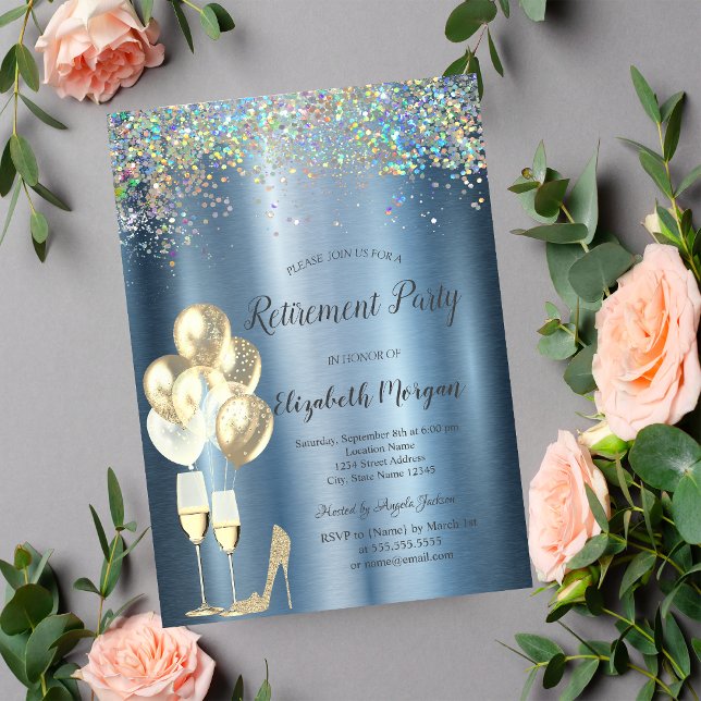 High Heels,Colorful Confetti Blue Retirement  Invitation (Creator Uploaded)