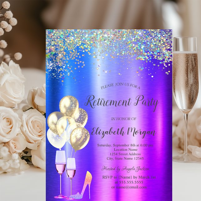 High Heels,Colorful Confetti Purple Retirement  Invitation (Creator Uploaded)