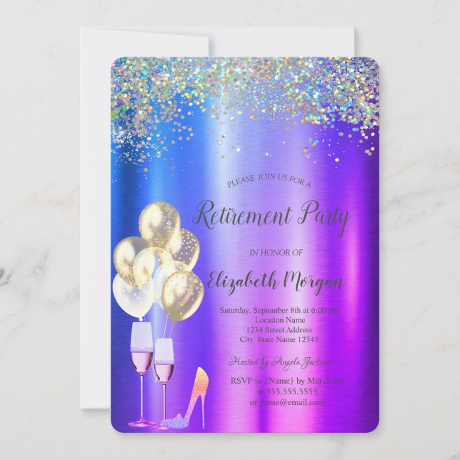 High Heels,Colorful Confetti Purple Retirement  Invitation (Front)