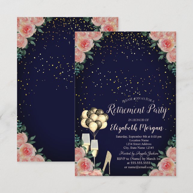 High Heels, Confetti Blue Floral Retirement Party Invitation (Front/Back)
