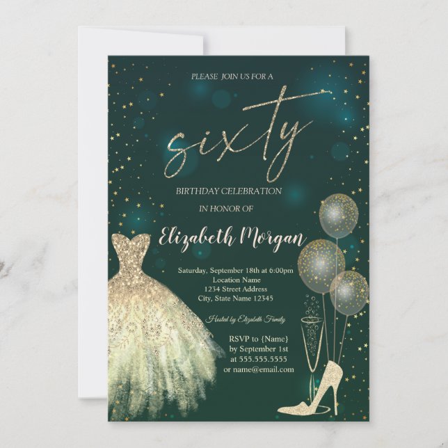 High Heels,Dress,Stars Green 60th Birthday  Invitation (Front)