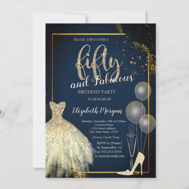 High Heels,Dress,Stars Navy Blue 50th Birthday  Invitation (Front)